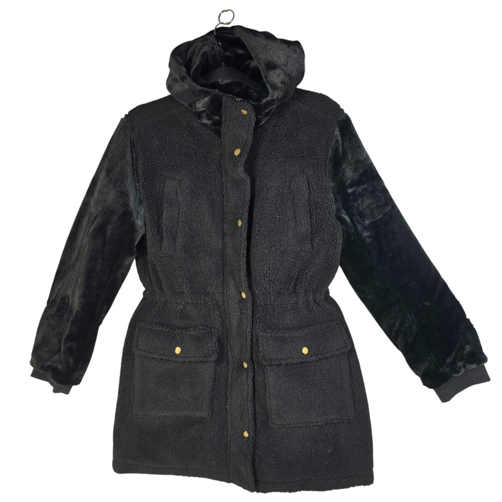Eden Society Womens Black Sherpa Faux Fur Hooded Parka Jacket Small EJ20151 NWOT